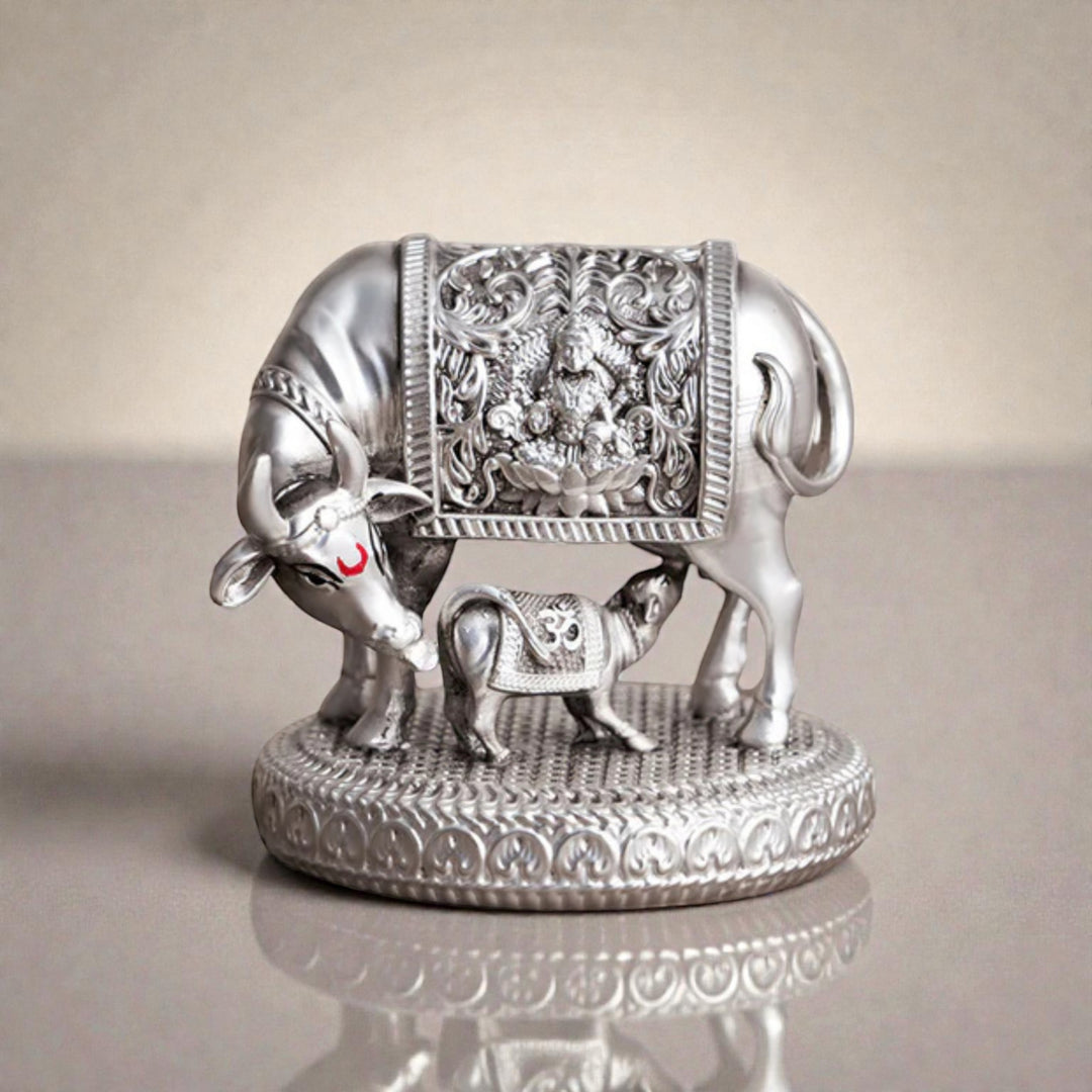 Sacred Gomata Kamdhenu Idol with Calf – Silver Aura Finish