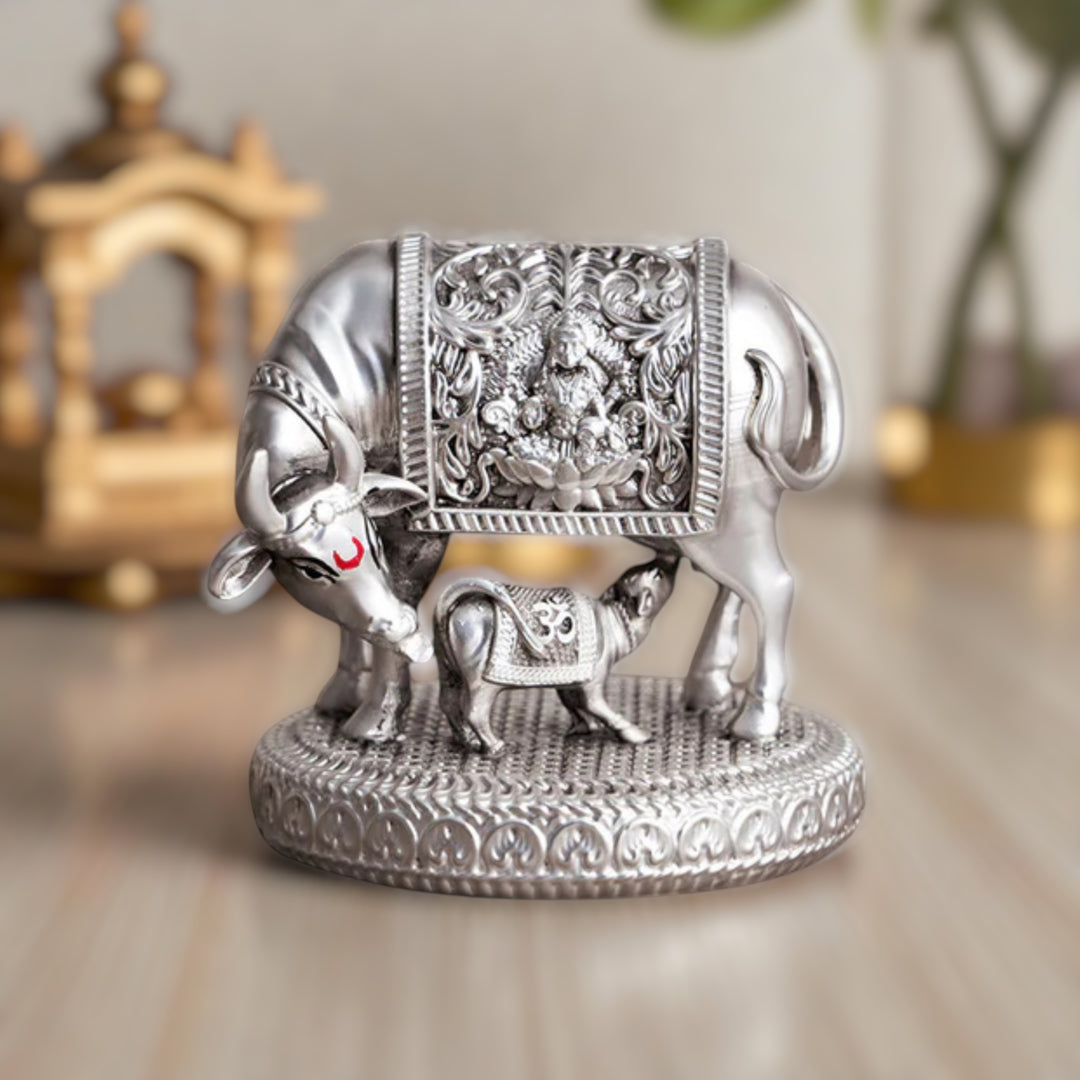 Sacred Gomata Kamdhenu Idol with Calf – Silver Aura Finish