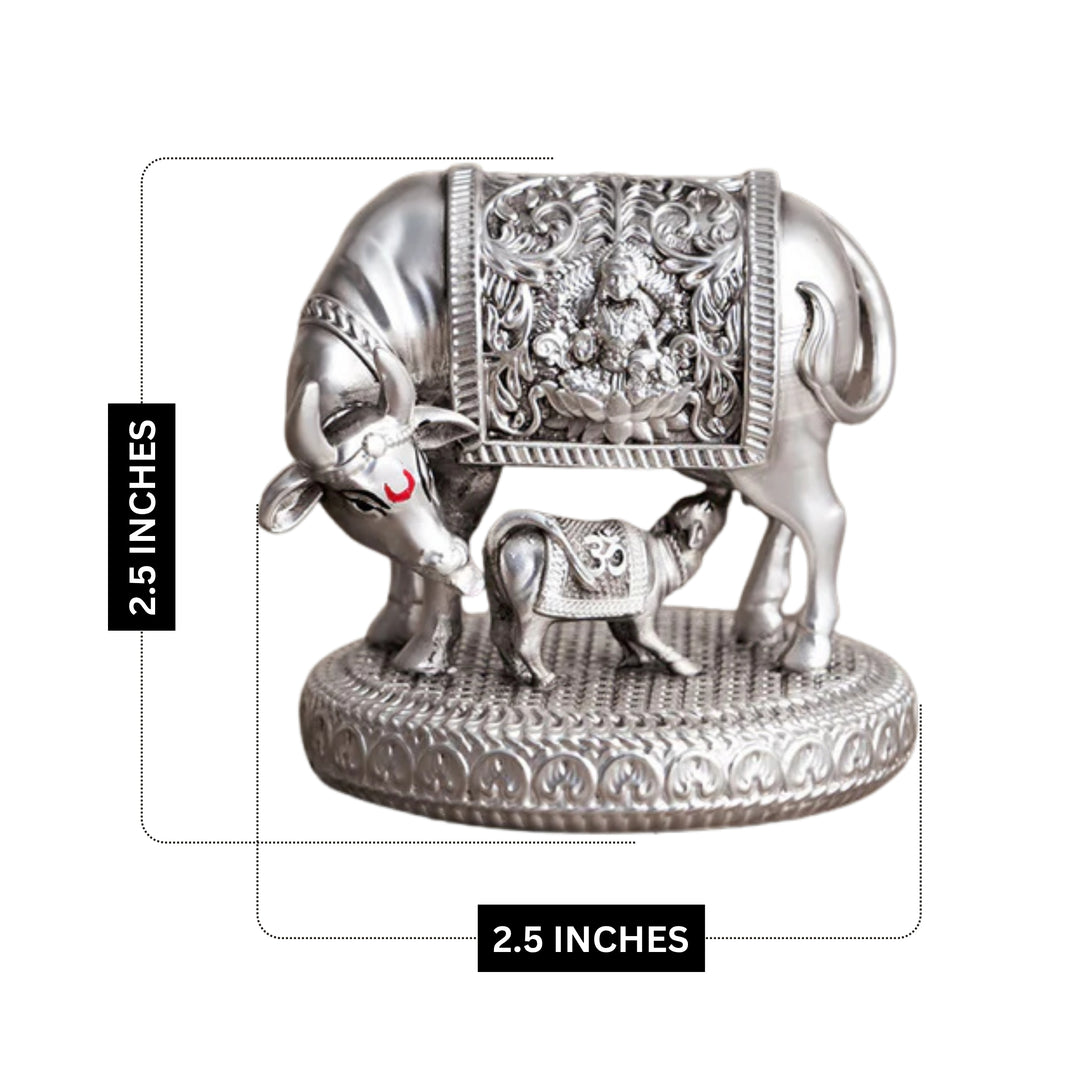 Sacred Gomata Kamdhenu Idol with Calf – Silver Aura Finish